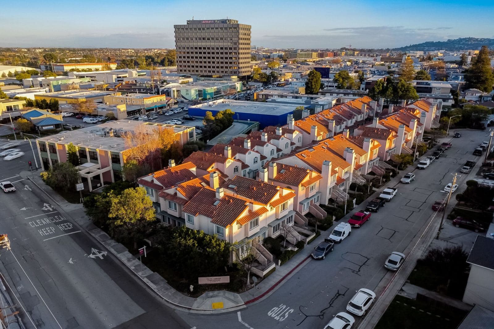 Aerial view of the Pacific Gardens townhomes in San Mateo, California
