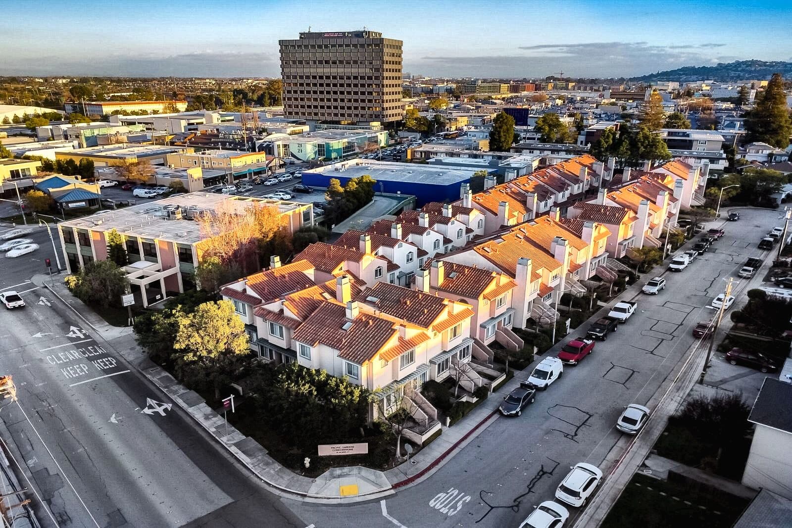 Aerial view of the Pacific Gardens townhomes in San Mateo, California