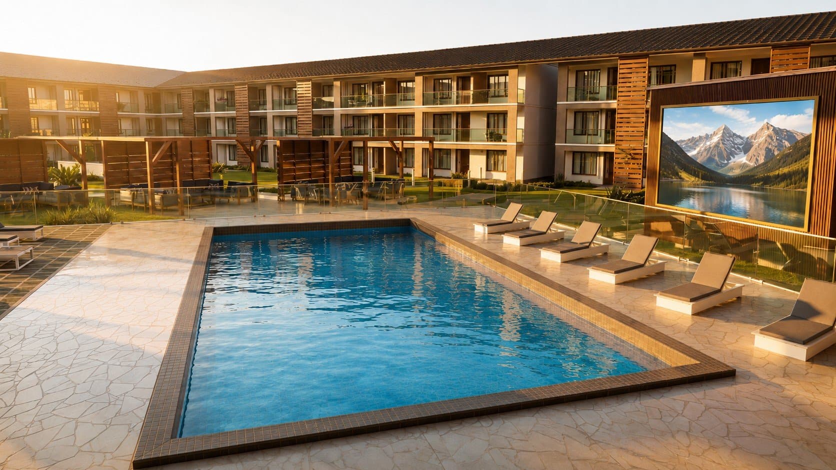 Rendering of the resort pool courtyard at The Jade Space Coast at golden hour, with loungers, glass rail, and the outdoor theater screen