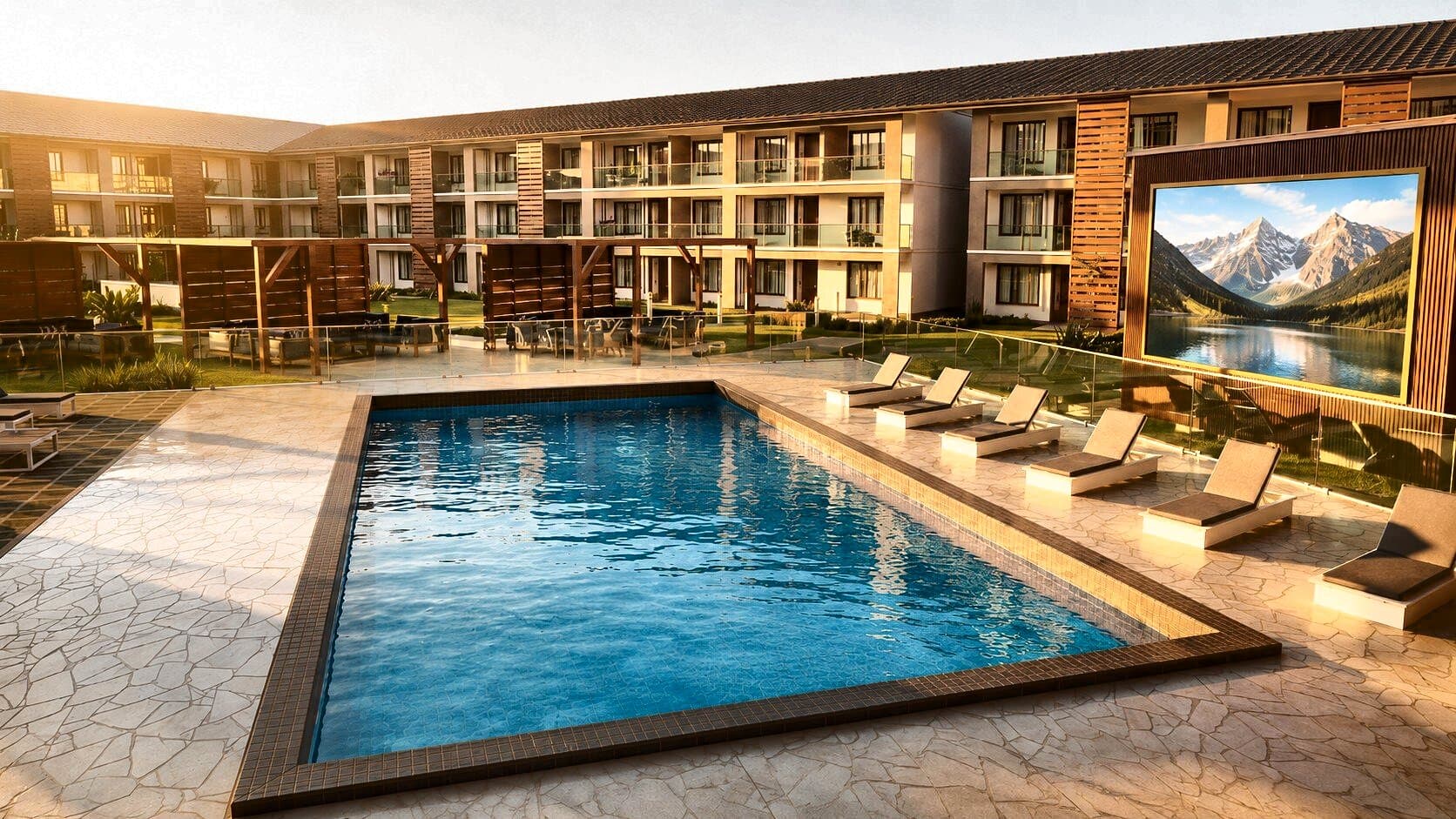 Rendering of the resort pool courtyard at The Jade Space Coast at golden hour, with loungers, glass rail, and the outdoor theater screen